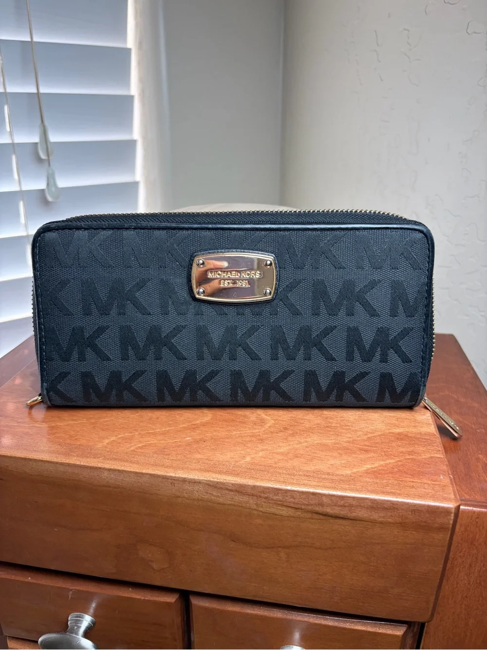 Michael Kors Black Signature MK Zip Around Continental Wallet Gold Hardware
